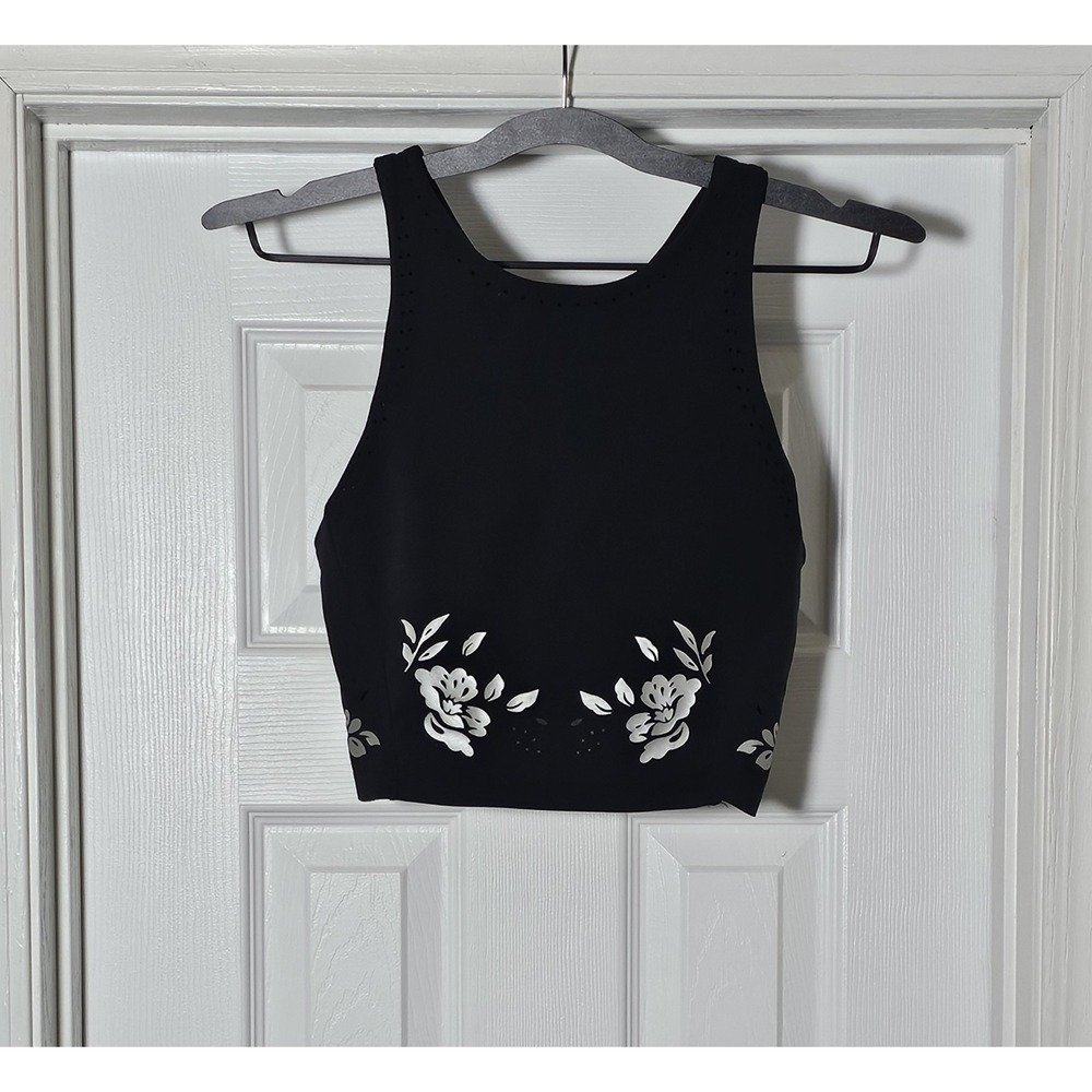 Athleta High Neck Black Sports Bra Cropped Tank Floral Eyelet Size Small Padded